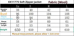 Detailed size chart for soft zip-up wool jacket including shoulder and bust measurements