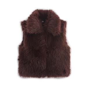 Macro detail of wine red faux fur vest showing plush texture and wide collar detail