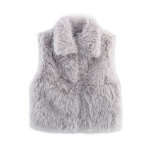 Detailed close-up of soft plush faux fur texture and lapel design on children's vest