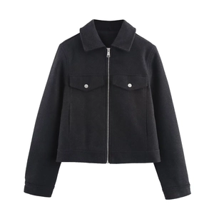 Women's black cropped zip-up jacket with lapel collar and metal button pockets