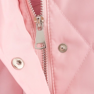 Pink diamond-quilted jacket featuring a corduroy collar and silver metallic hardware