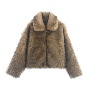 Veste en fausse fourrure marron avec large revers et fermeture éclair métallique