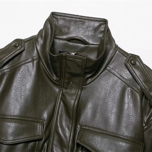 Olive green faux leather biker jacket with stand collar and epaulettes on shoulders