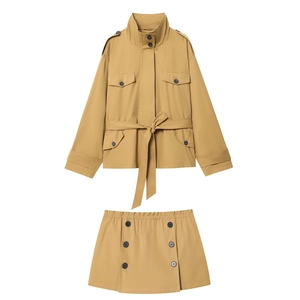 Women's Khaki Short Trench Coat Jacket With Waist Belt And Double Breasted Mini Skirt Outfits Commuter Workwear Style