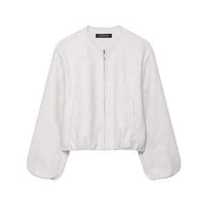 Women's minimalist crewneck zip-up bomber jacket in light grey with elastic cuffs