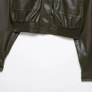 Olive green vintage biker faux leather jacket with rib-knit waist and large cargo pockets