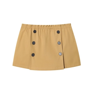 Detail view of khaki A-line skirt featuring elastic high waist and double-breasted buttons