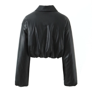 Back view of a cropped black padded faux leather jacket with an elastic waist hem