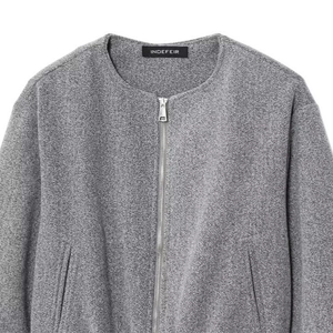 Minimalist grey wool-blend bomber jacket with silver zipper and round neck collar