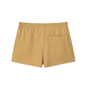 Detail view of khaki twill shorts featuring an elastic waistband and back pocket