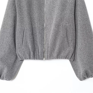 Grey fleece bomber jacket featuring a metal zipper with elasticated hem and cuffs