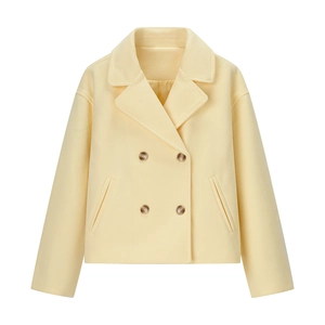 Manteau Court en Imitation Laine Style Occidental pour Femmes Double Boutonnage Revers Élégant Manches Longues Casual Veste Jaune