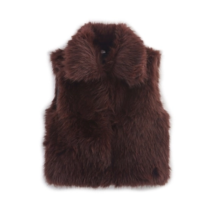 Women's stylish dark brown faux fur vest with large lapel in loose sleeveless fit