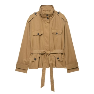 Women's khaki military style cropped trench coat with waist belt and four utility pockets