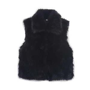 Women's black faux fur vest with large lapel and thick plush texture for winter style