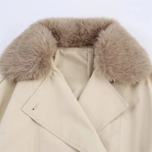 Short windbreaker jacket with premium faux fur collar and textured beige fabric