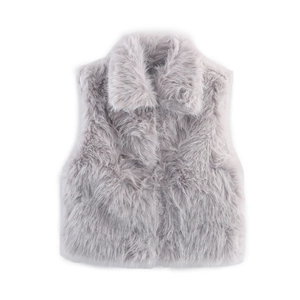 Women's stylish oversized faux fur vest in light grey with a fluffy plush texture