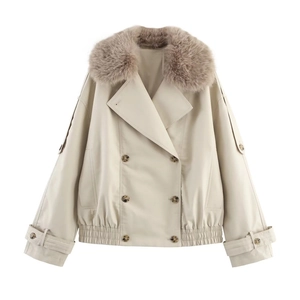 Short beige double-breasted windbreaker jacket with a large brown faux fur collar