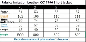 Detailed size chart for the women's faux leather short jacket showing exact measurements