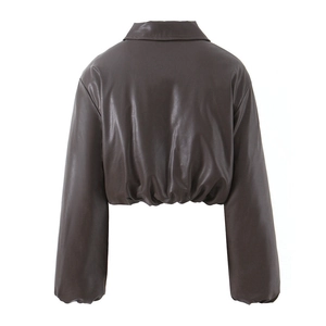 Brown padded faux leather crop jacket with elastic waist and oversized long sleeves