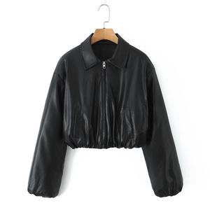 Short black vintage faux leather jacket with elastic waist and metal zipper closure