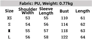 Size chart for faux leather flight jacket with measurements for shoulders and bust