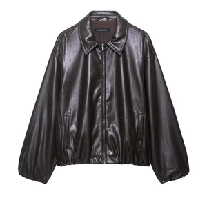 Women Vintage Faux PU Leather Bomber Jacket Casual Dark Brown Lapel Zipper Long Sleeve Loose Outerwear Fall Moto Coat