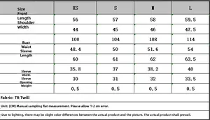 Size chart for women's double-breasted short jacket with detailed measurements in CM