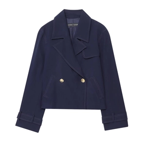 Fashion Navy Blue Double Breasted Short Jacket For Women Gold Metal Buttons White Contrast Stitching Casual TR Twill Outerwear