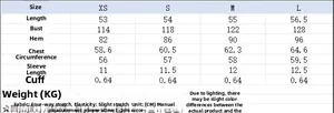Tableau des tailles détaillé pour veste à fermeture éclair incluant buste et longueur