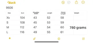 Size chart for vintage faux suede jacket style 9926 with measurements from XS to L