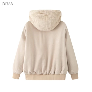 Women's beige faux fur lined hooded jacket with ribbed cuffs and back detail