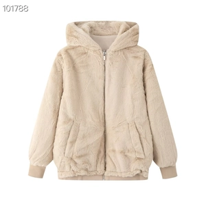Beige faux fur hooded jacket with silver zipper and ribbed cuffs for stylish winter warmth