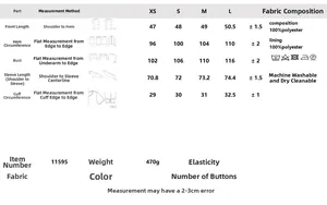 Detailed size chart for women's short windbreaker jacket with measurements in XS to L