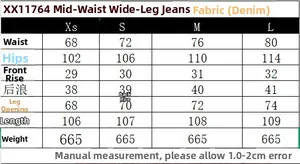 Detaillierte Größentabelle für mittelhohe Wide-Leg-Denim-Jeans von XS bis L Maße