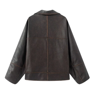 Back view of vintage distressed dark brown PU leather jacket with cross stitching