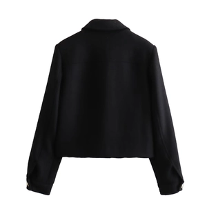 Women's black short wool jacket with lapel collar and gold button details in classic style