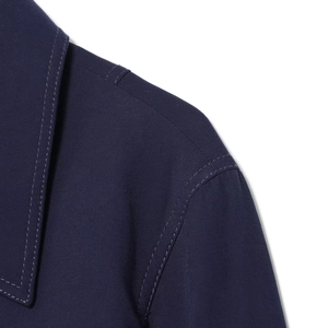 Navy blue double-breasted short jacket with professional twin-needle stitching details