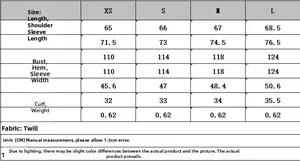 Detailed size chart for women's short trench coat with measurements in centimeters