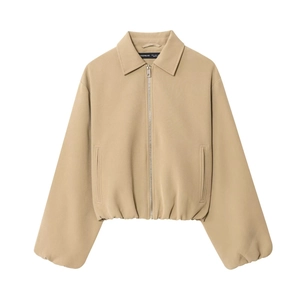 Veste bomber beige chic avec fermeture éclair, col à revers et ourlet élastique
