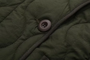 Macro detail of olive green wave-quilted jacket featuring a brown four-hole button