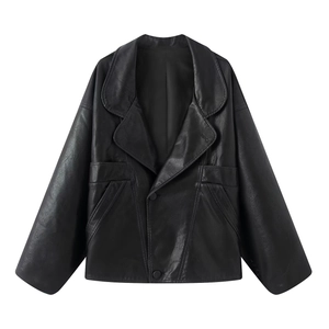 Detail of classic black faux leather jacket with large lapels and button closure