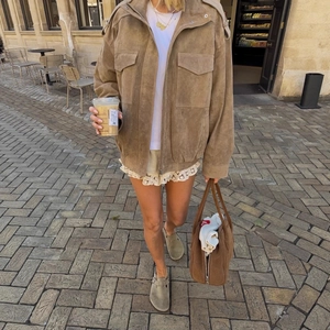 Veste Cargo en Suédine Vintage pour Femmes Khaki Col Montant Coupe Ample Manches Longues Poches Streetwear Manteau de Mode