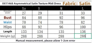 Tableau des tailles pour la robe midi asymétrique en satin avec dimensions du XS au L