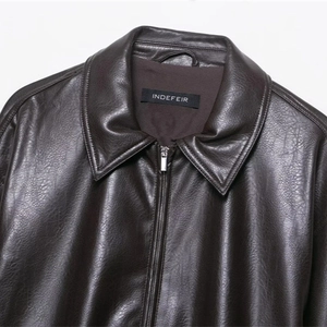 Women's vintage dark brown faux leather bomber jacket with lapel collar and zip closure