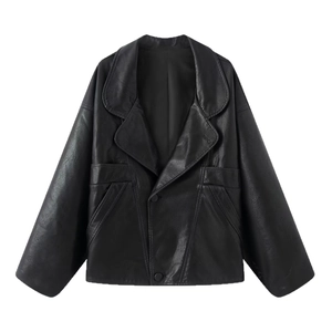 Oversized black PU leather jacket for women with vintage lapels and drop shoulder design