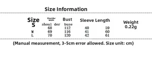 Size chart showing bust, shoulder, and length for women loose long sleeve shirt set