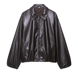 Women's vintage dark brown faux leather bomber jacket with lapel and zip closure