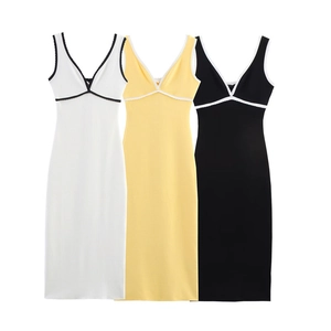 Women Sexy V Neck Sleeveless Contrast Trim Midi Dress Slim Fit Knit Patchwork Bodycon Sun Dress For Party Vacation