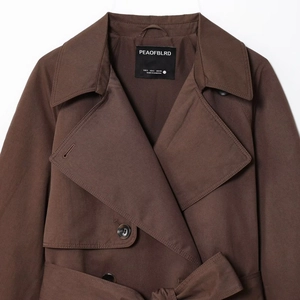Women's dark brown short trench coat with double-breasted buttons and waist belt